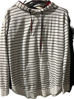 Maurices Cream and Black Striped Hooded Tunic with Red Drawstrings
